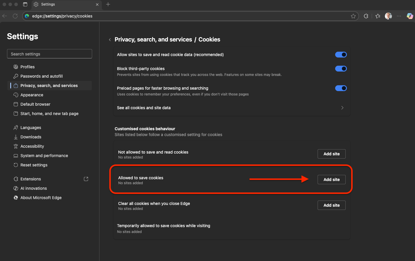 Cookie settings page showing Allowed to save cookies section